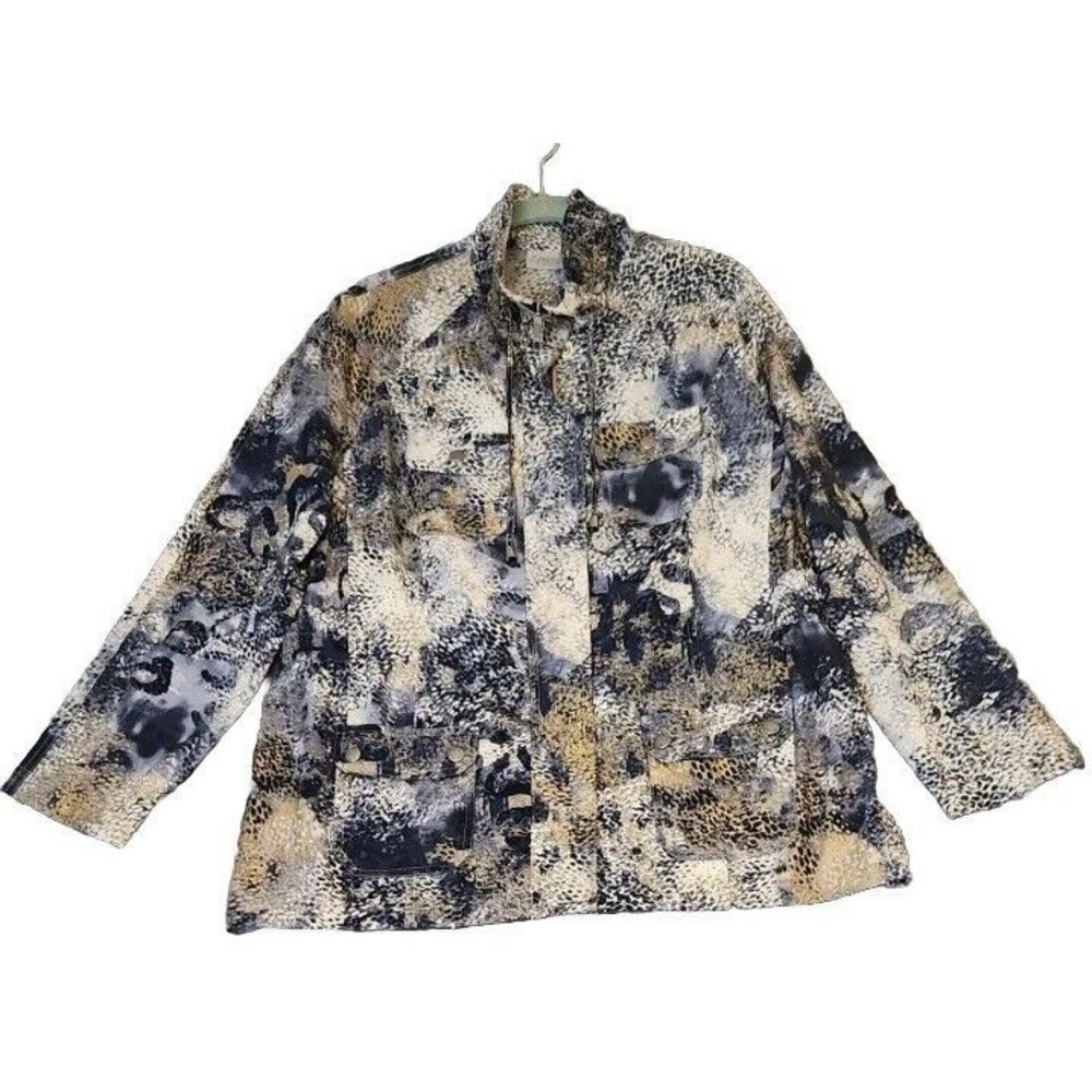 Zenergy by Chicos Jacket Womens Sz 2 US L Animal Print Full Zip Snap Lightweight